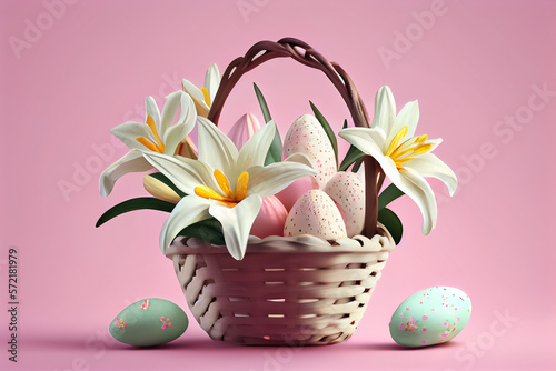 illustration of straw wicker basket with lily blooming flowers with easter eggs. ai photo