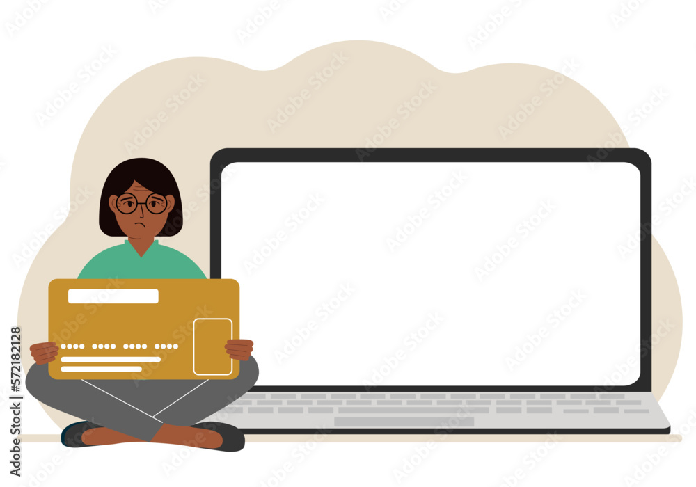 A woman sits cross-legged and holds a large plastic card. Next to the woman is a large laptop with space for text. A woman sits cross-legged and holds a large plastic card. Next to the woman is a large laptop with space for text.
