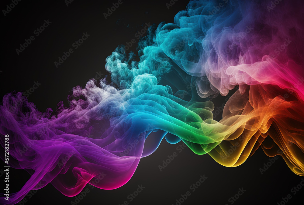 Fototapeta premium Bubbles of multicolored neon smoke, ink. An explosion, a burst of holi paint. Abstract psychedelic black dark background. 3D rendering. AI generated.