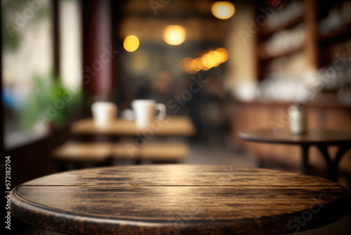 Empty wooden table top with lights bokeh on blur cafe restaurant background.Generative AI