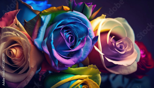 Bouquet of colorful roses close up. Rainbow colors roses in the vase. Generative AI