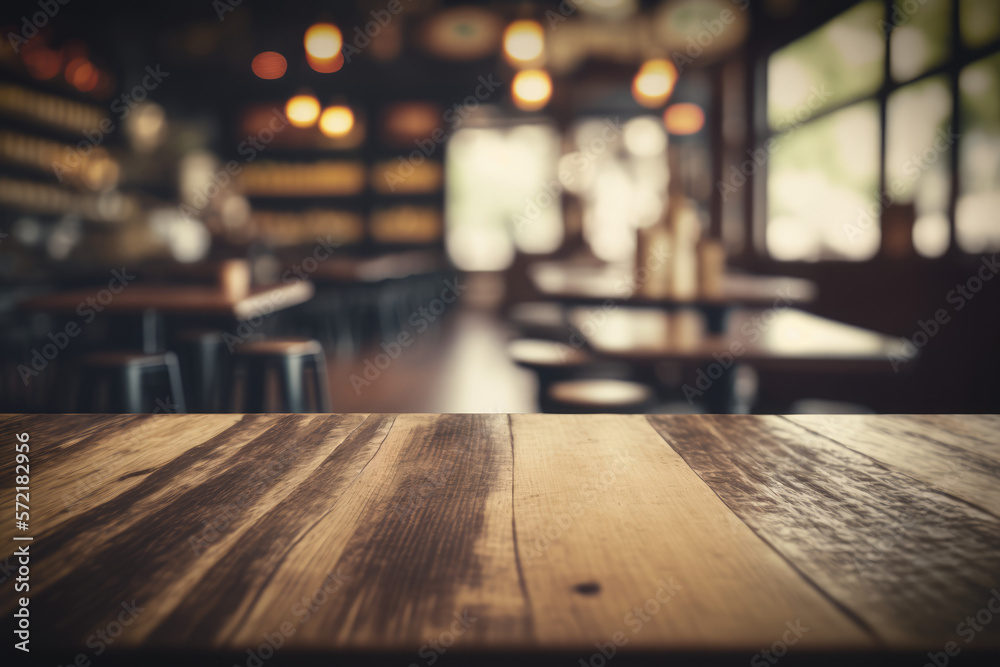 Empty wooden table top with lights bokeh on blur cafe restaurant background.Generative AI