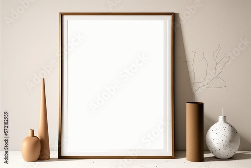 Wooden frame mockup on shelf with minimalistic decor on beige wall. AI-generated in 3D style.