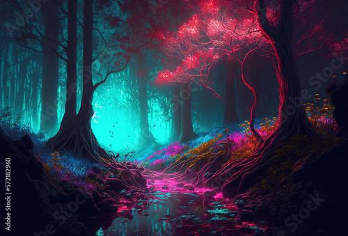 A fairytale forest, a surreal, mystical landscape. The dark trees are illuminated by multicolored psychedelic neon light. A mysterious path through the thicket. 3D rendering. AI generated.