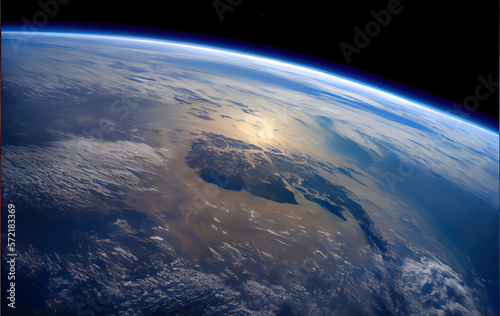 view from space of planet earth. background stars and clouds and continents below, created with Generative AI technology