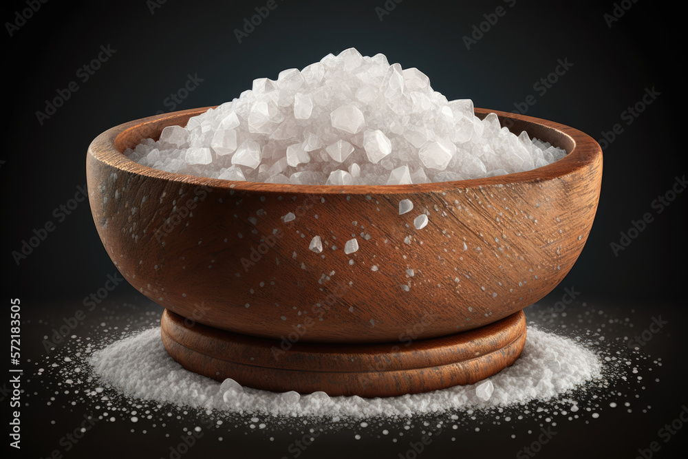 Salt in wooden bowl on dark background.Generative AI Salt in wooden bowl on dark background.Generative AI