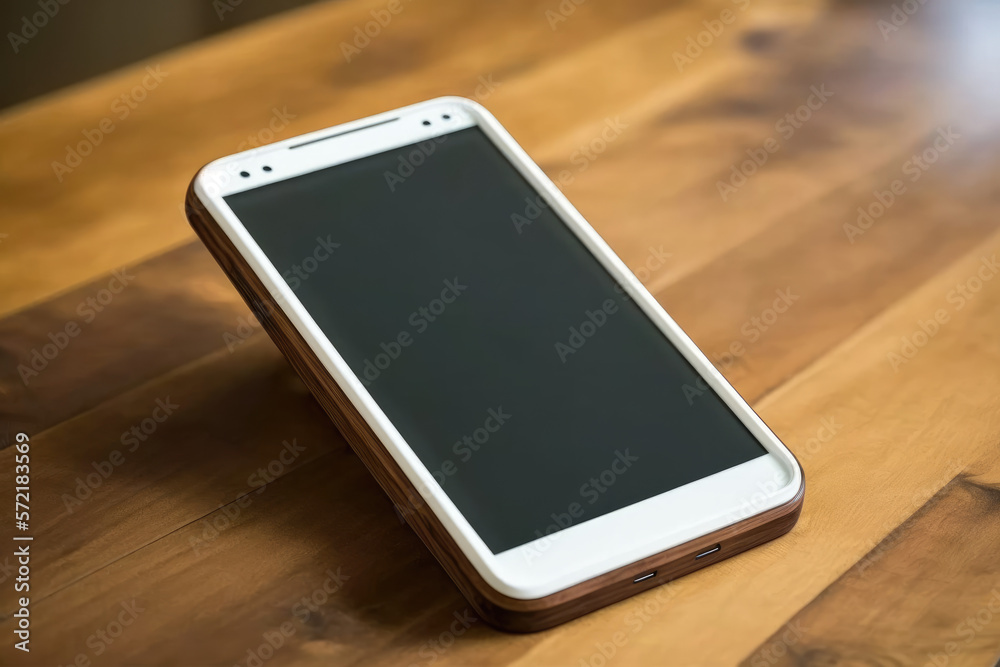 White smartphone on wooden background.Generative AI