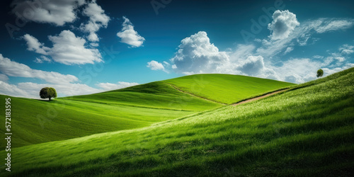 green grassy hills with blue sky and some clouds, Generative AI