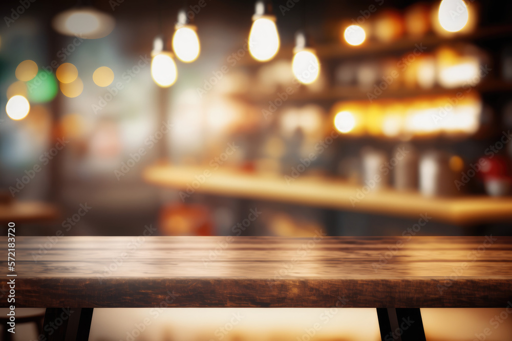 Empty wooden table top with lights bokeh on blur cafe restaurant background.Generative AI