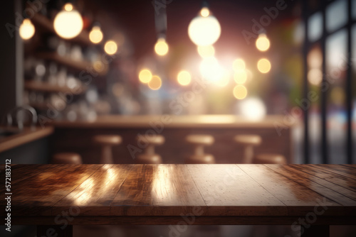Empty wooden table top with lights bokeh on blur cafe restaurant background.Generative AI © premyuda