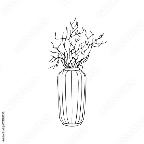 Line art vase with flowers and twigs