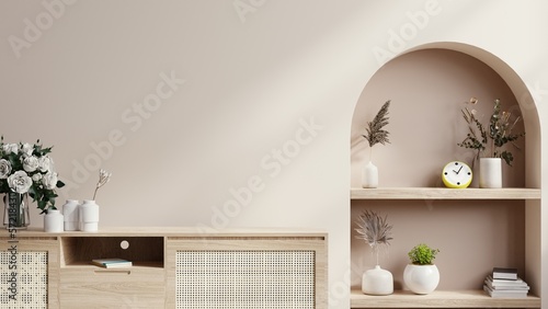 Wall mock up with flower vase,dark brown wall and wooden cabinet.