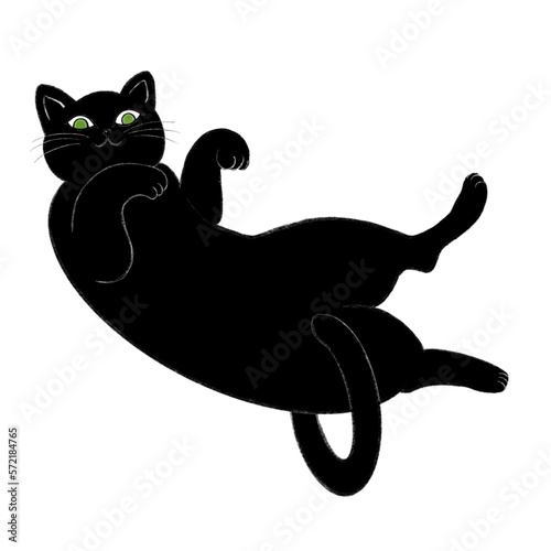 ヘソ天の黒猫、黒ねこの仰向のイラスト、黒猫のイラスト、へそ天猫、ゴロゴロしている猫のイラスト、寝ている猫のイラスト