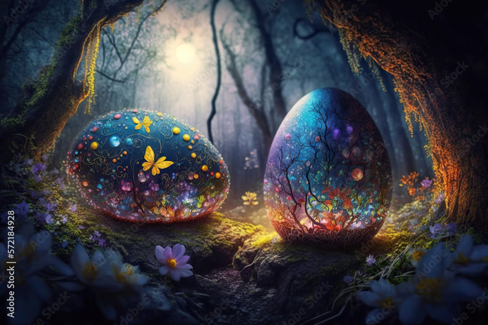 Magical easter eggs in fantasy forest, Generative AI Stock Illustration