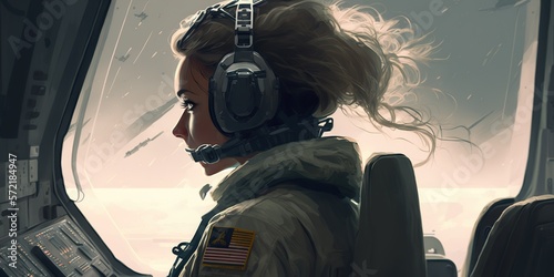 Rear view of female pilot dressed in flight suit sitting in the cockpit of a commercial airplane, concept of Aeronautics and Aviation, created with Generative AI technology