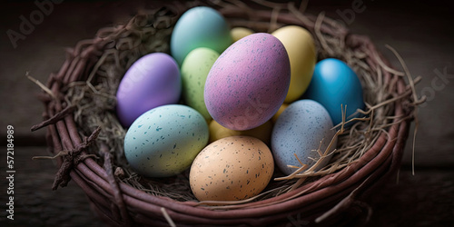 Colorful easter eggs in a basket, Generative AI