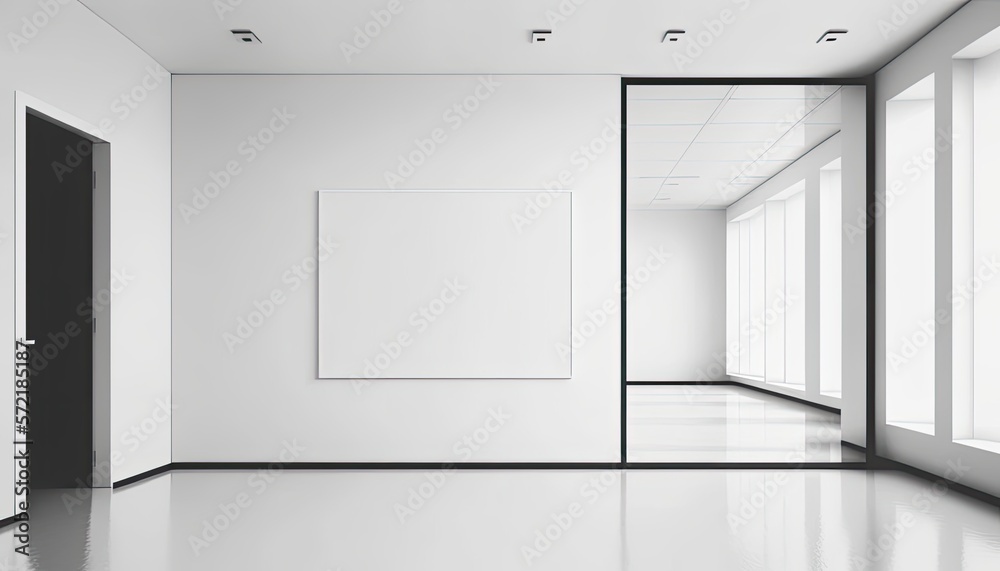 An empty office with a white wall in front of a large window and a meeting table. Generative ai An empty office with a white wall in front of a large window and a meeting table. Generative ai