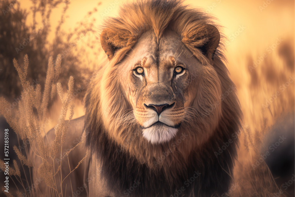 a lion walking in the grass of the savannah, Generative AI