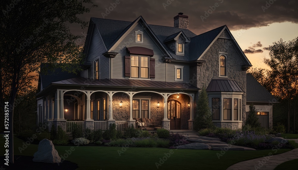 The exterior of the home at dusk. Generative ai The exterior of the home at dusk. Generative ai