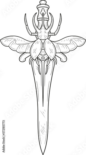Hand drawn linear illustration. Isolated vector illustration with sharp dagger and beetle in vintage, retro style. Element for tattoo sketch or print

