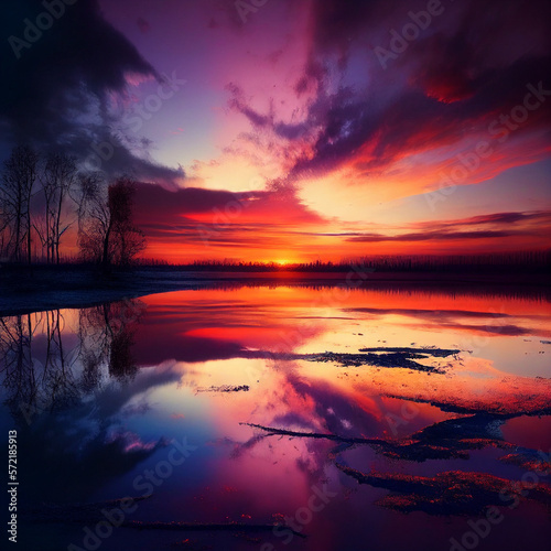 Amazing nature landscape with colorful sky during sunset on the lake