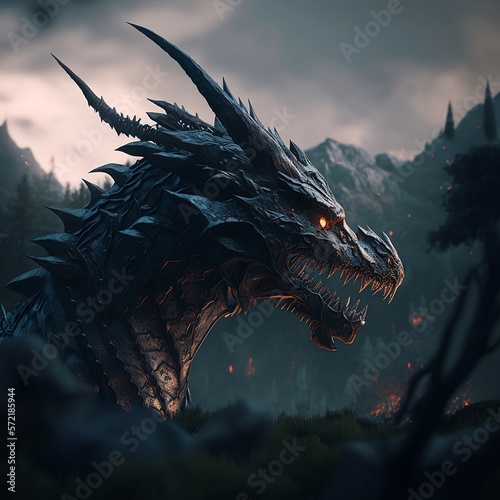 Angry black dragon in the mountains at night