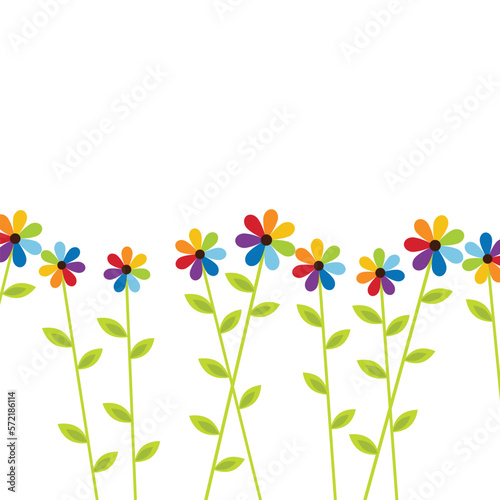 Colorful rainbow flowers on white background. Floral, spring, and summer design. Design of greeting card with rainbow flowers and space for text. Vector illustration.