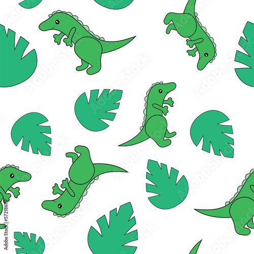 Seamless pattern of cute dino and leaves