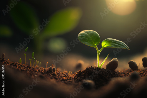 close up of tiny green seedlings sprouting in the ground, Generative AI