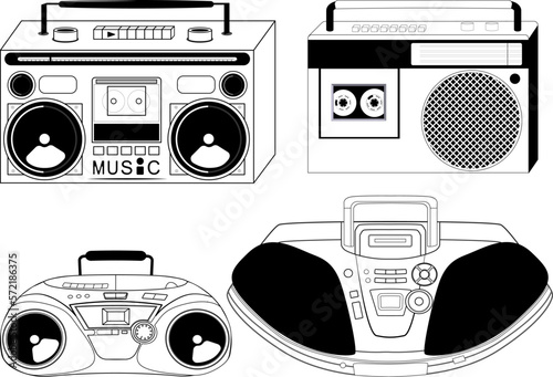 Set of old school tape recorders and boombox vector illustration. 90s pop disco tape recorder set