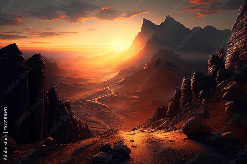 Beautiful views of barren mountains and sunset With Generative AI
