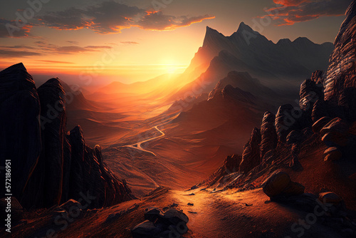 Beautiful views of barren mountains and sunset With Generative AI