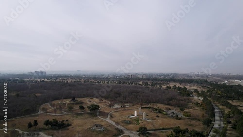 Islamabad f9 park aerial drone view with Islamabad city in the background and the f9 forest in winter photo