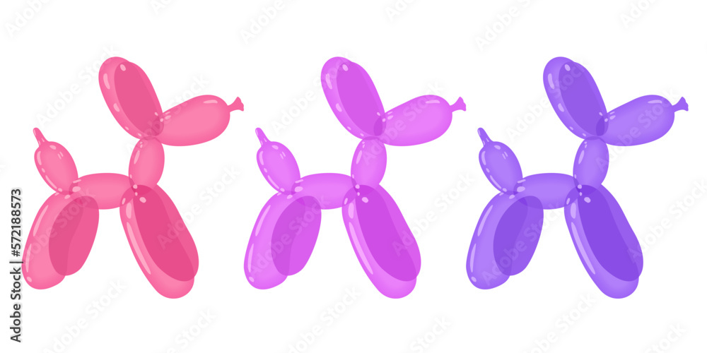 Three bright pink and violet balloon dogs. Bubble animals in a shape of puppies. Vector cute illustration isolated on white background.