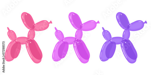 Three bright pink and violet balloon dogs. Bubble animals in a shape of puppies. Vector cute illustration isolated on white background.