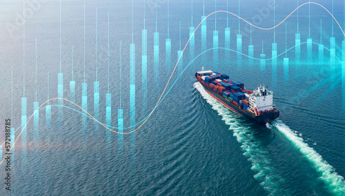 Container cargo ship global business logistics import export freight shipping transportation, Container cargo ship analysis, Big data visualization abstract graph and chart information business.