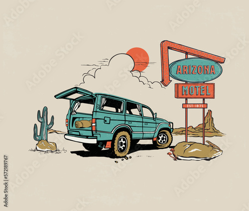 desert car ride vector illustration, cactus desert landscape vector, arizona desert motel drawing, suv car in desert