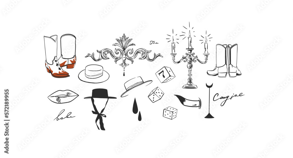 Hand drawn abstract vector graphic outline illustration boho cowgirls aesthetic set with hats,boots antd other.Western female design concept.Bohemian wild west contemporary.Cowboy girl modern drawing.