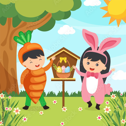 Fototapeta Naklejka Na Ścianę i Meble -  Happy Easter greeting card. Cute kids are wearing Easter costumes.