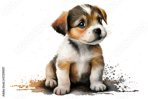 Fotografering beagle puppy on white background, watercolor illustration, generative AI, dog on
