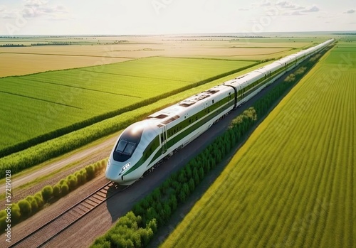 Aerial view of a modern high speed train moving in sunny weather between green fields. Generative Ai.