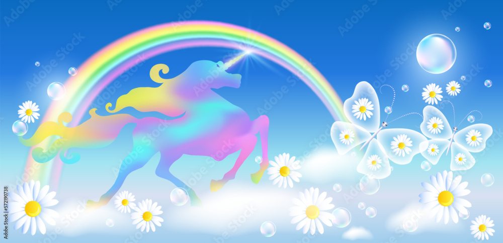 Unicorn with rainbow and transparent delightful butterflies and flowers flying in cloudy sky among daisy flowers and clouds in sky.