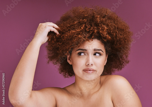 Canvas Print Woman stress, hair loss or afro on beauty studio background in grooming, texture anxiety or fail