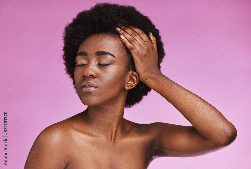 Model, touching and afro hairstyle on beauty studio background in relax skincare, texture maintenance or salon wellness. Black woman, natural and hair growth hands on isolated pink or makeup backdrop Model, touching and afro hairstyle on beauty studio background in relax skincare, texture maintenance or salon wellness. Black woman, natural and hair growth hands on isolated pink or makeup backdrop
