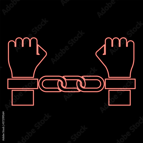 Neon hands in handcuffs Criminal concept Arrested punishment Bondage convict red color vector illustration image flat style