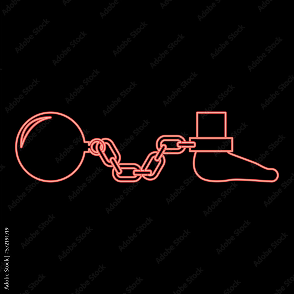 Neon ball and chain attached foot Silhouette pulling weights Leg with cargo Punishment red color vector illustration image flat style Neon ball and chain attached foot Silhouette pulling weights Leg with cargo Punishment red color vector illustration image flat style