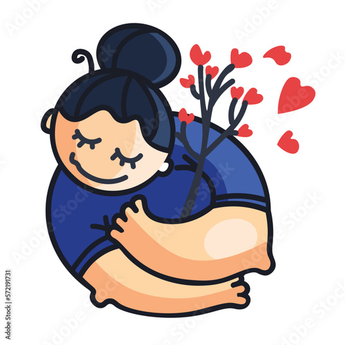 Cute illustration of a girl with a tree with hearts. A touching illustration, to save love, cherish love.