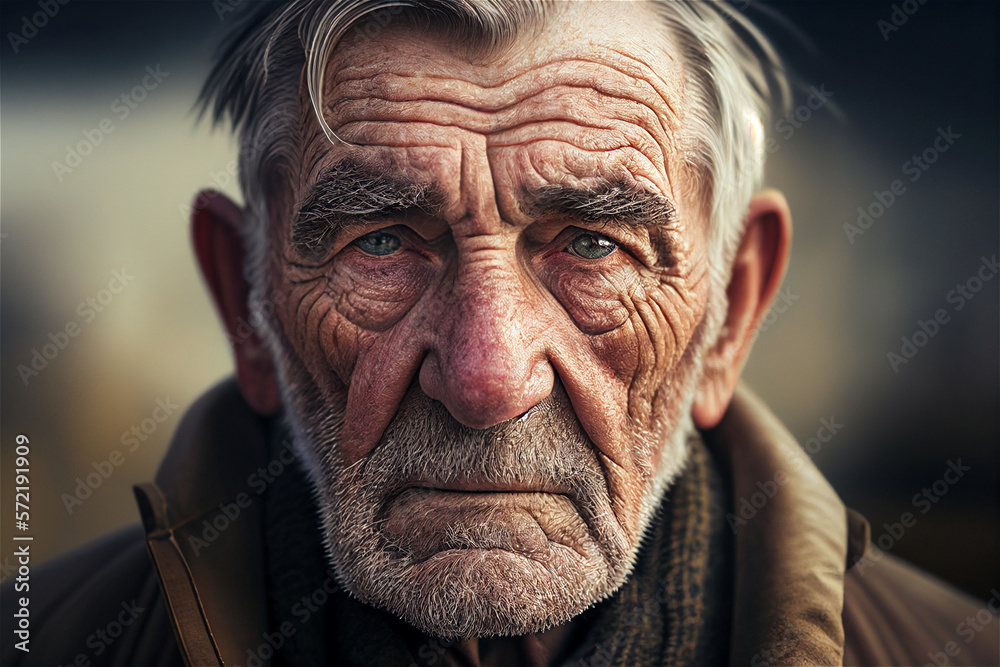 Close up photo of an old man with beard and wrinkles looking straight into the camera, illustration Generative Ai