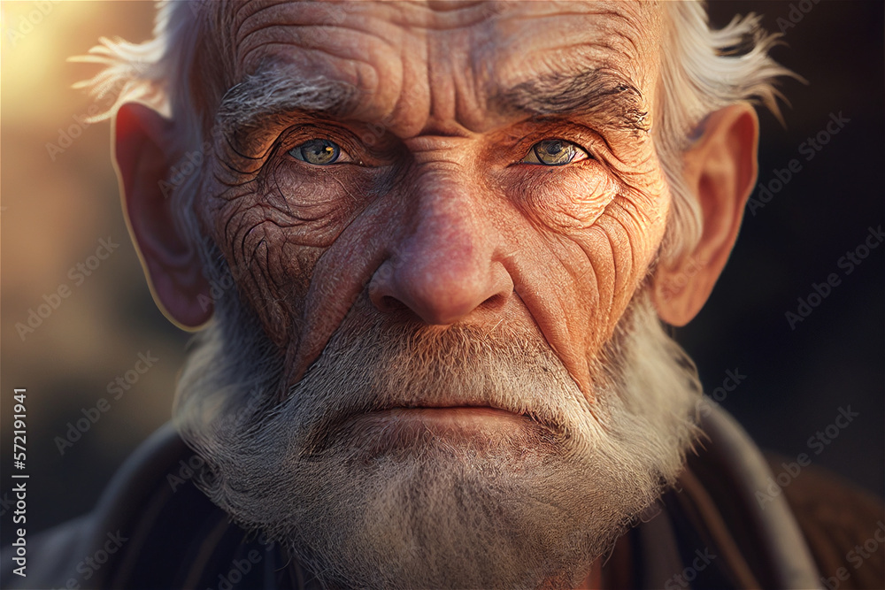 Close up photo of an old man with beard and wrinkles looking straight into the camera, illustration Generative Ai Close up photo of an old man with beard and wrinkles looking straight into the camera, illustration Generative Ai