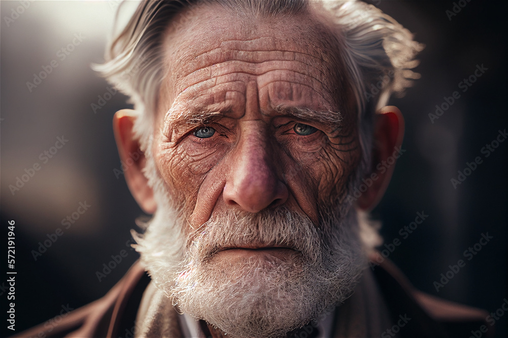 Close up photo of an old man with beard and wrinkles looking straight into the camera, illustration Generative Ai Close up photo of an old man with beard and wrinkles looking straight into the camera, illustration Generative Ai